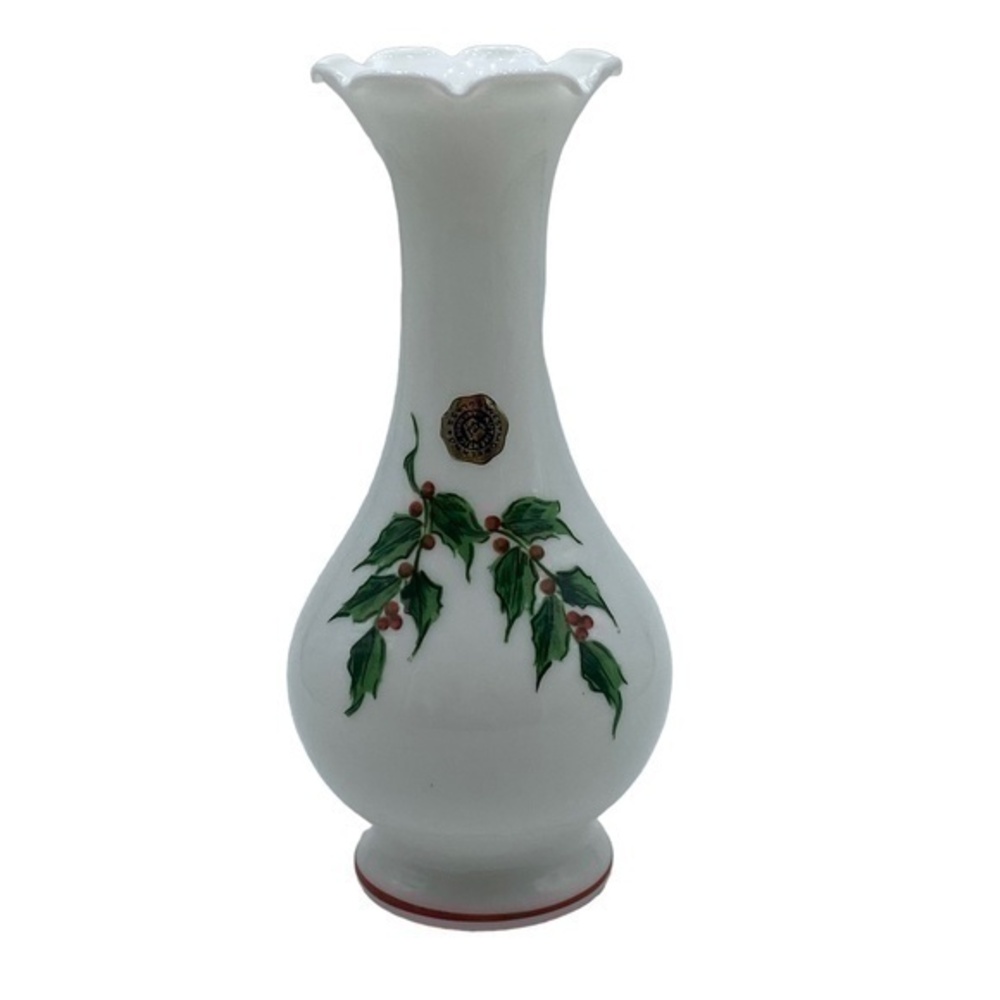 Vintage Westmoreland Glass Holiday Holly Ruffle Top Vase Handcrafted